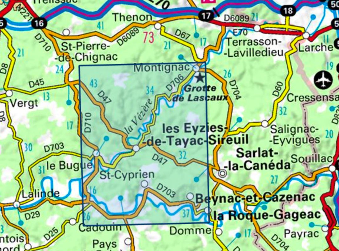 Carte TOP 25 n° 1936 ET - Les Eyzies, Vallées de la Dordogne et de la Vézère | IGN carte pliée IGN 
