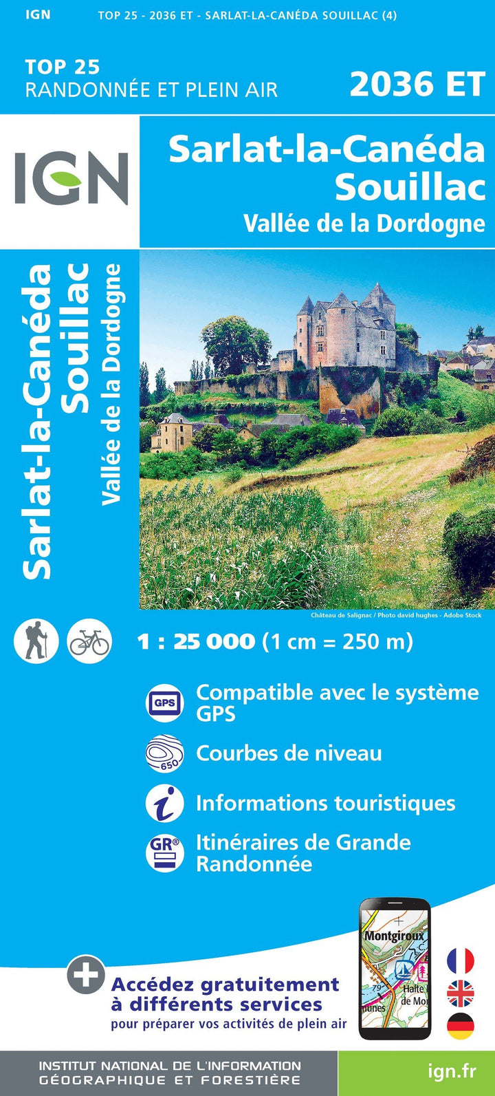 Carte TOP 25 n° 2036 ET - Sarlat, Souillac, Vallée de la Dordogne | IGN carte pliée IGN 