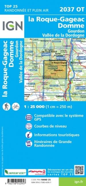 Carte TOP 25 n° 2037 OT - La Roque-Gageac, Domme, Gourdon, Vallée de la Dordogne | IGN carte pliée IGN 