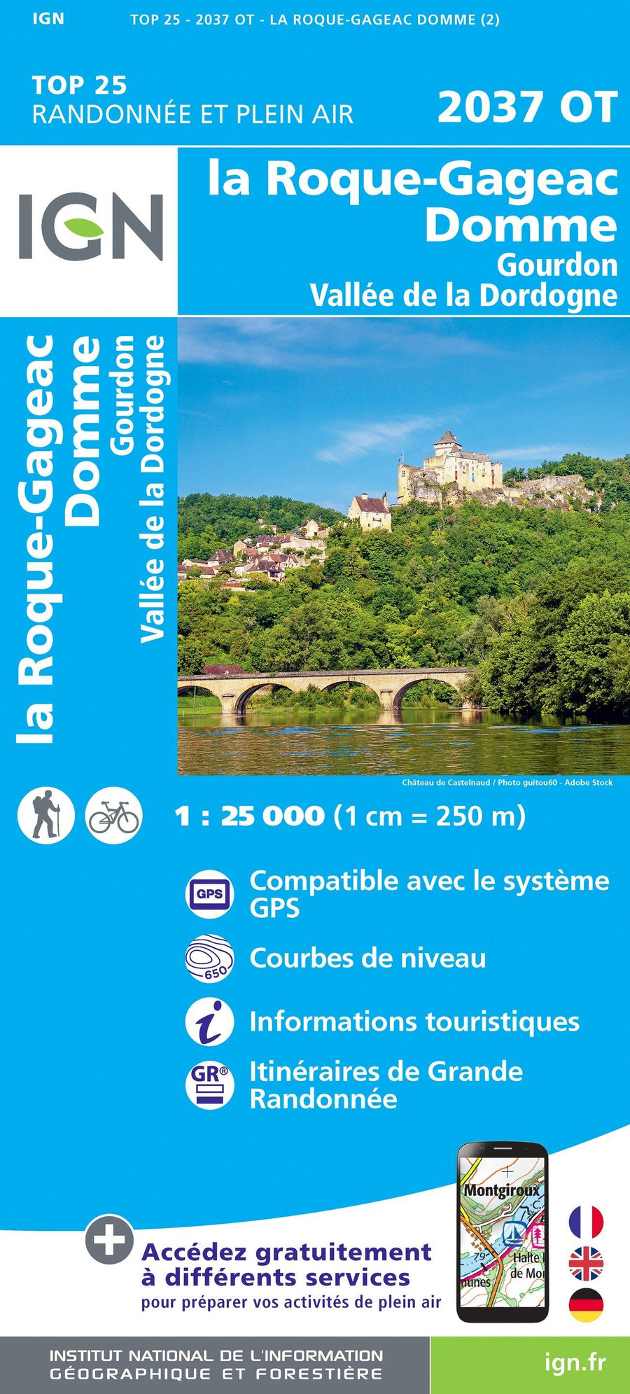 Carte TOP 25 n° 2037 OT - La Roque-Gageac, Domme, Gourdon, Vallée de la Dordogne | IGN carte pliée IGN 