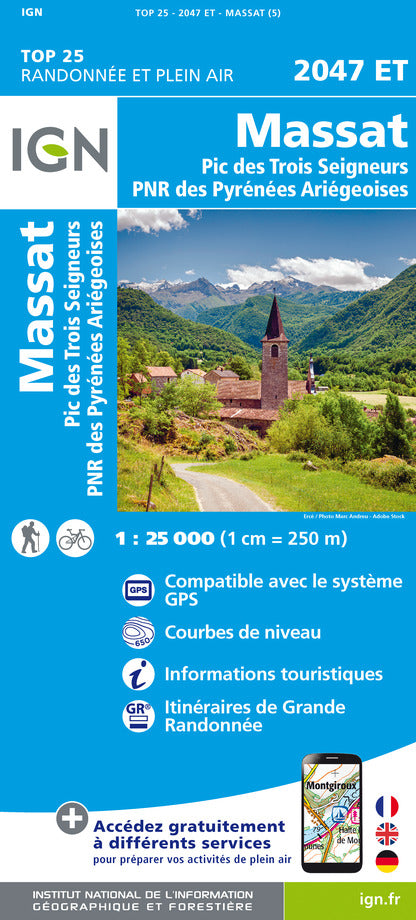 Carte TOP 25 n° 2047 ET - Massat, Pic des Trois Seigneurs (PNR Pyrénées ariégeoises) | carte pliée IGN 2022 