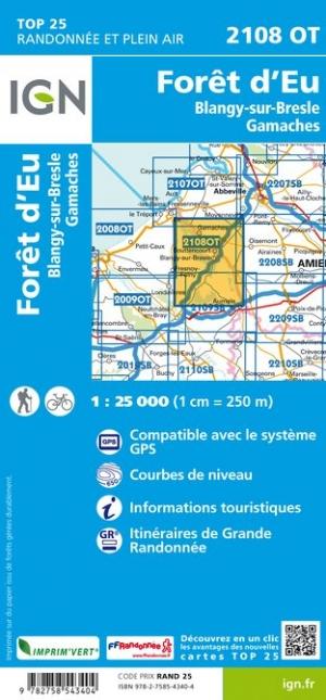 Carte TOP 25 n° 2108 OT - Forêt d'Eu, Blangy-sur-Bresle, Gamaches | IGN carte pliée IGN 