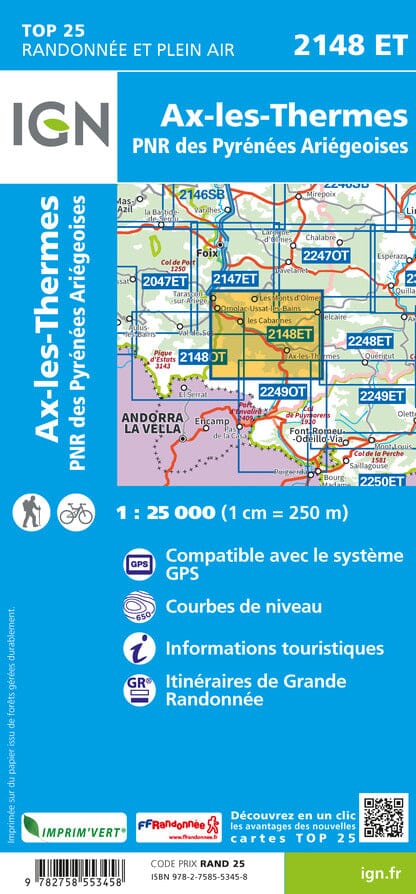 Carte TOP 25 n° 2148 ET - Ax-les-Thermes (PNR des Pyrénées Ariégeoises) | IGN carte pliée IGN 