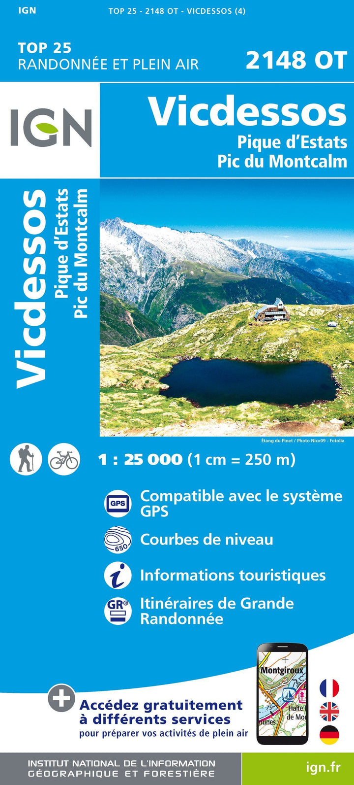 Carte TOP 25 n° 2148 OT - Vicdessos, Pique d'Estats & Pic du Montcalm (Pyrénées) | IGN carte pliée IGN 