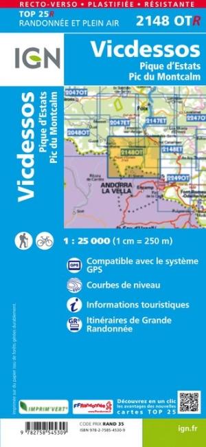 Carte TOP 25 n° 2148 OTR (résistante) - Vicdessos, Pique d'Estats & Pic du Montcalm (Pyrénées) | IGN carte pliée IGN 
