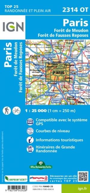 Carte TOP 25 n° 2314 OT - Paris, Forêts de Meudon et de Fausses Reposes | IGN carte pliée IGN 