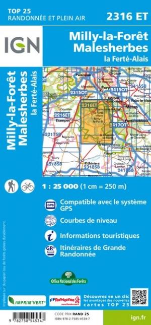 Carte TOP 25 n° 2316 ET - Milly-la-Forêt, Malesherbes, La Ferté-Alais | IGN carte pliée IGN 
