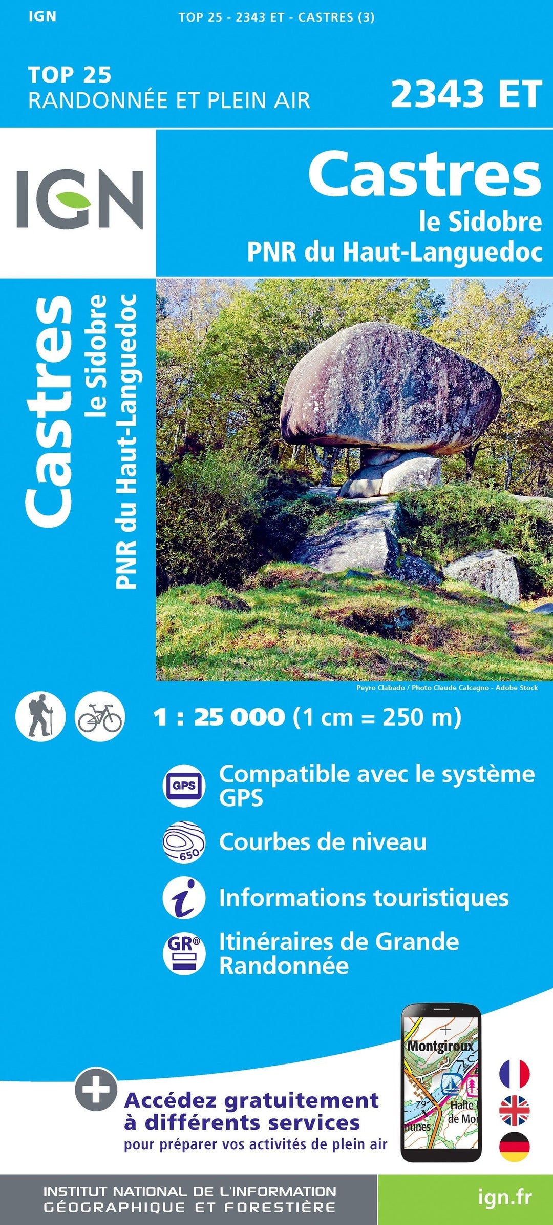 Carte TOP 25 n° 2343 ET - Castres, Le Sidobre, PNR du Haut-Languedoc | IGN carte pliée IGN 