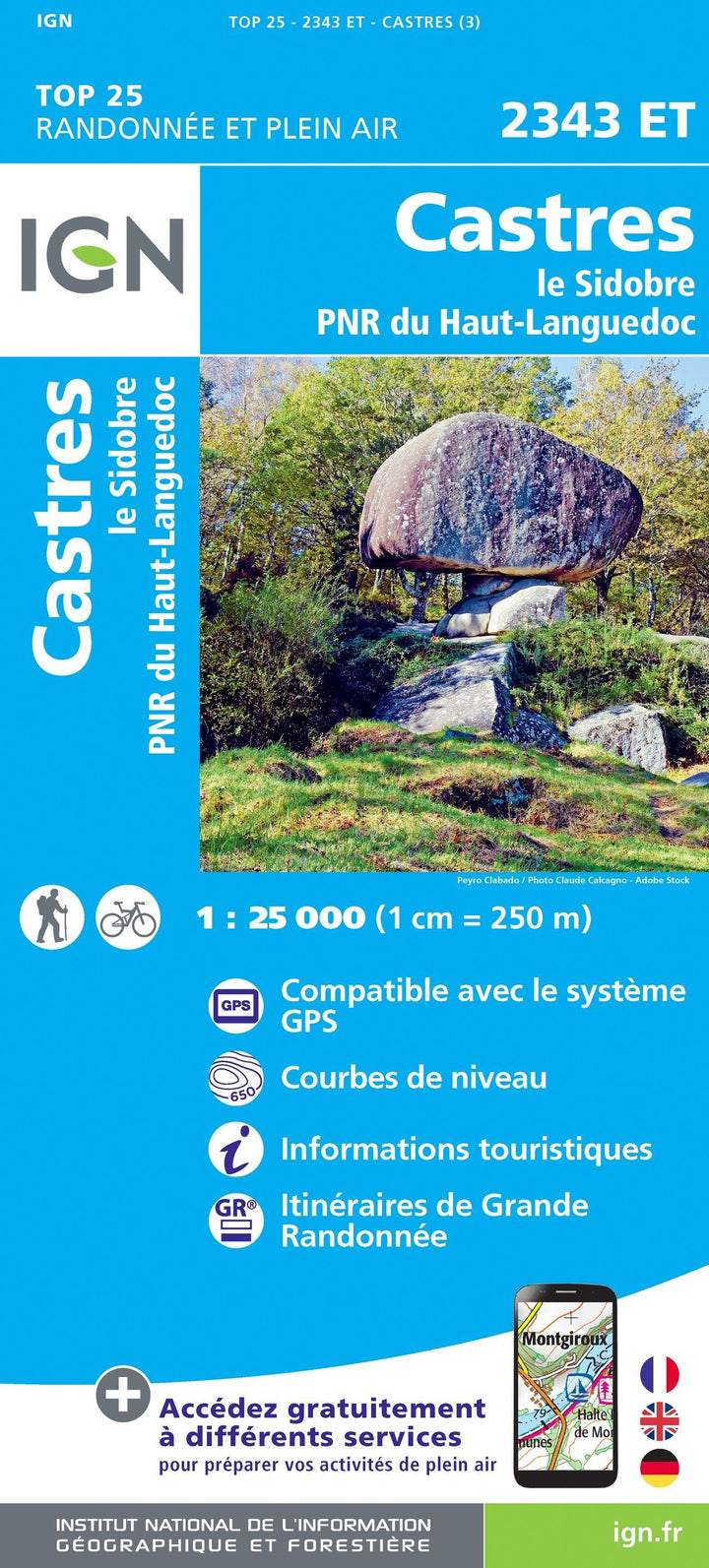 Carte TOP 25 n° 2343 ET - Castres, Le Sidobre, PNR du Haut-Languedoc | IGN carte pliée IGN 
