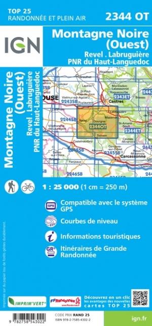 Carte TOP 25 n° 2344 OT - Montagne Noire (ouest), Revel. Labruguière & Parc Régional du Haut Languedoc | IGN carte pliée IGN 