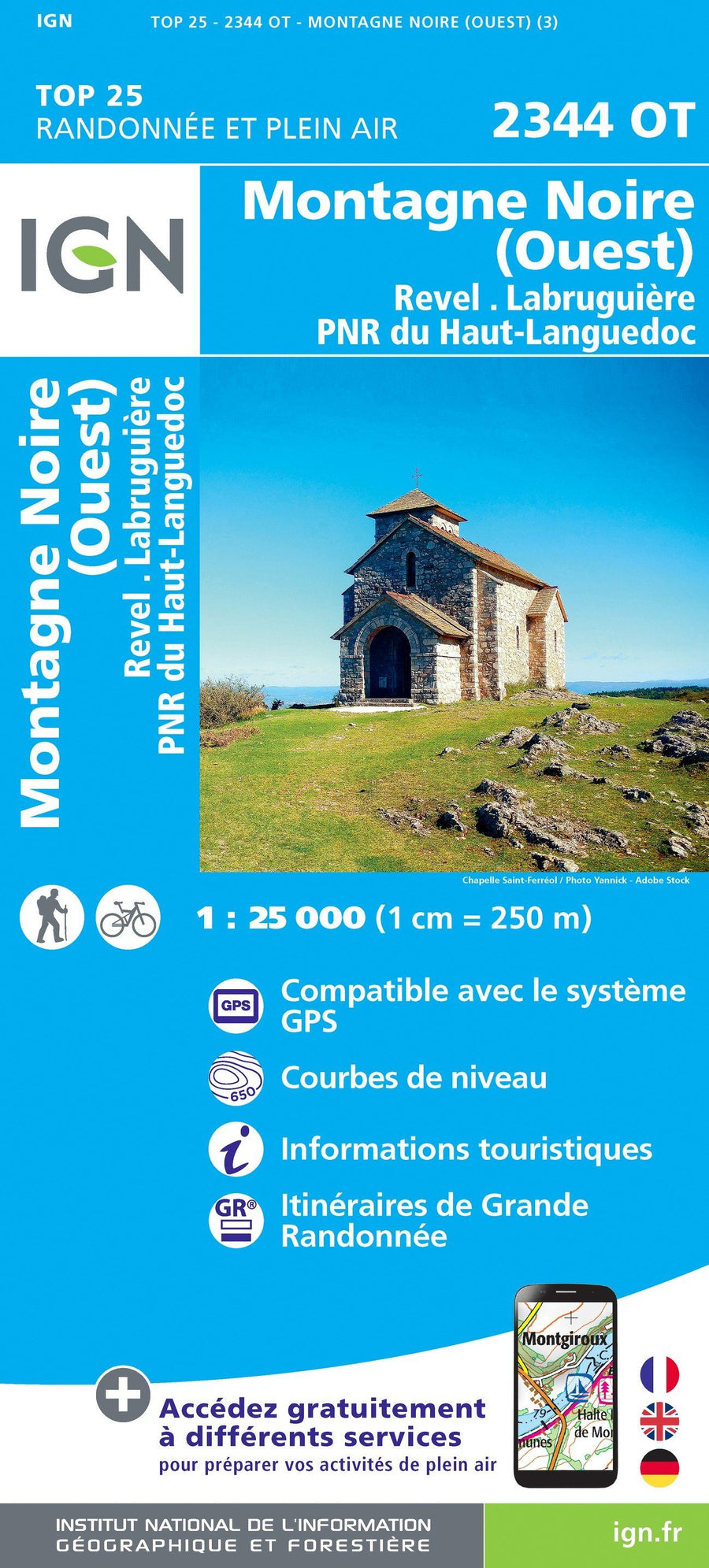 Carte TOP 25 n° 2344 OT - Montagne Noire (ouest), Revel. Labruguière & Parc Régional du Haut Languedoc | IGN carte pliée IGN 
