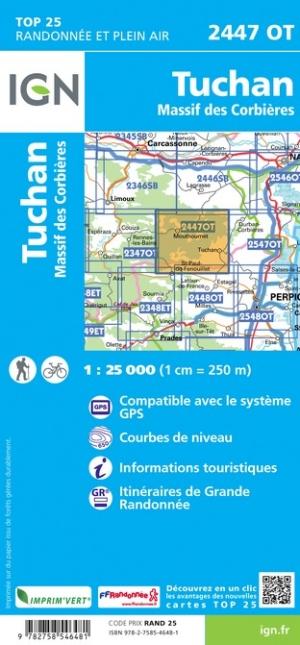 Carte TOP 25 n° 2447 OT - Tuchan & Massif des Corbières (Pyrénées) | IGN carte pliée IGN 