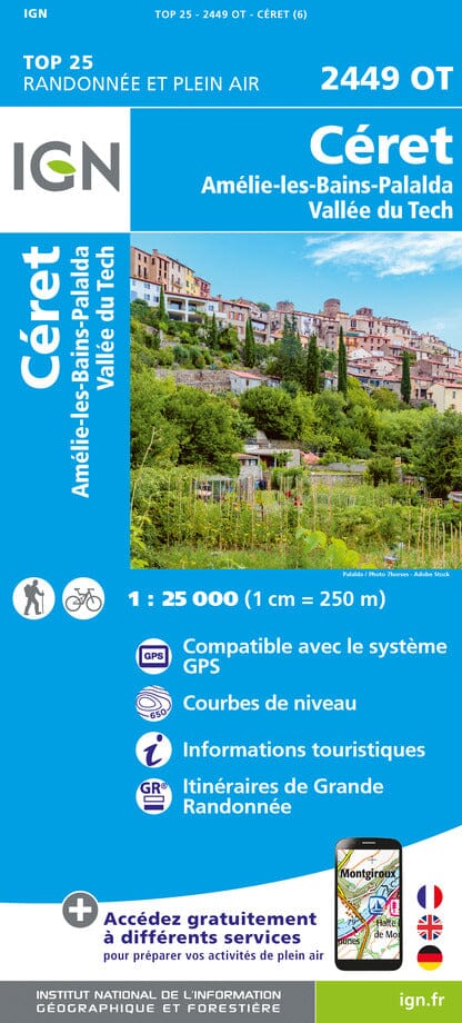 Carte TOP 25 n° 2449 OT - Céret, Amélie les Bains, Palalda & Vallée du Tech (Pyrénées Orientales) carte pliée IGN 2023 