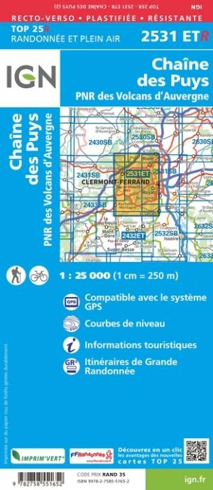 Carte TOP 25 n° 2531 ETR (résistante) - Chaîne des Puys, PNR des Volcans d'Auvergne | IGN carte pliée IGN 
