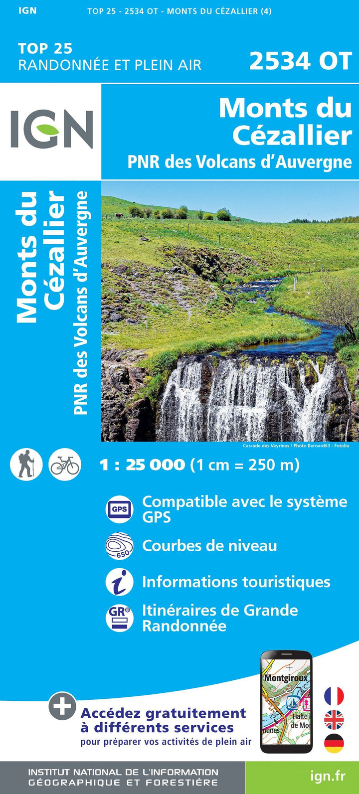 Carte TOP 25 n° 2534 OT - Monts du Cézallier (Massif Central) | IGN carte pliée IGN 