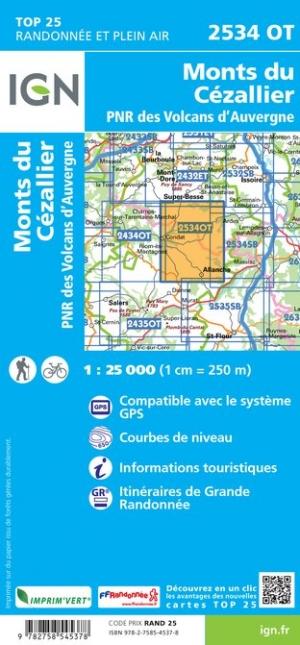 Carte TOP 25 n° 2534 OT - Monts du Cézallier (Massif Central) | IGN carte pliée IGN 