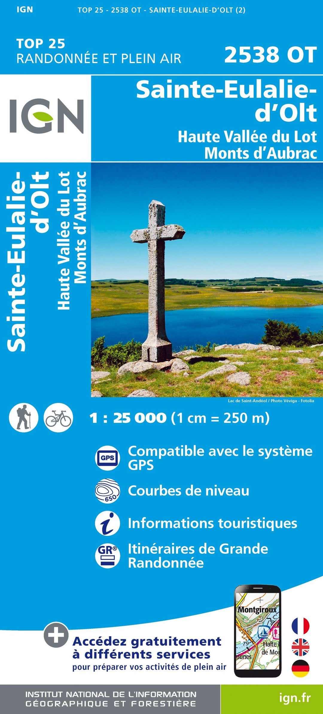 Carte TOP 25 n° 2538 OT - Sainte-Eulalie-d'Olt, Haute Vallée du Lot, Monts d'Aubrac | IGN carte pliée IGN 