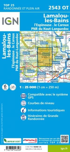Carte TOP 25 n° 2543 OT - Lamalou-les-Bains, L'Espinouse, Le Caroux, PNR du Haut-Languedoc | IGN carte pliée IGN 