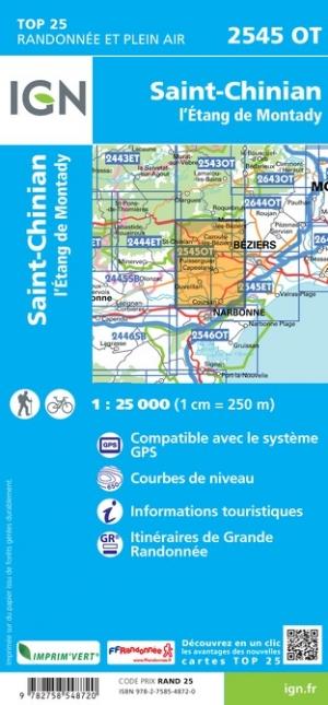 Carte TOP 25 n° 2545 OT - Saint-Chinian, L'Etang de Montady | IGN carte pliée IGN 