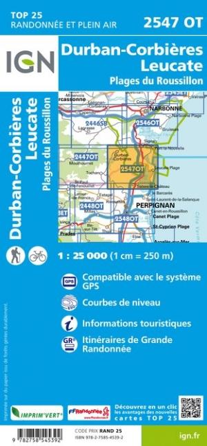 Carte TOP 25 n° 2547 OT - Durban-Corbières, Leucate, Plages du Roussillon | IGN carte pliée IGN 