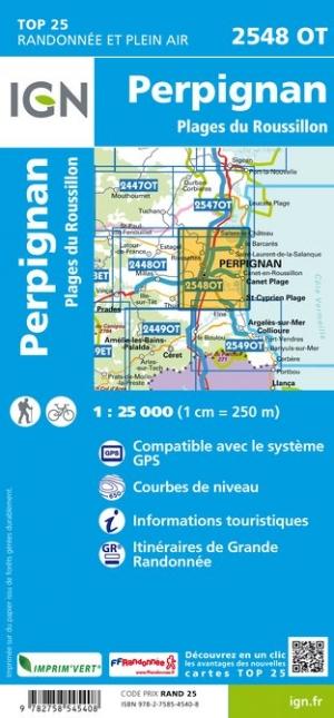 Carte TOP 25 n° 2548 OT - Perpignan, Plages du Roussillon | IGN carte pliée IGN 