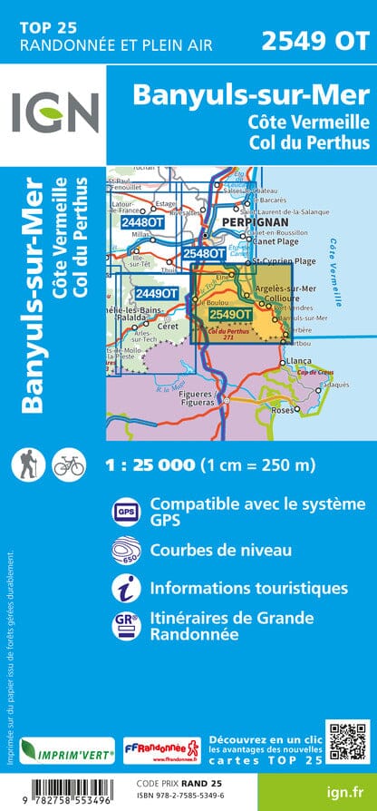 Carte TOP 25 n° 2549 OT - Banyuls, Col du Perthus & Côte Vermeille | IGN carte pliée IGN 