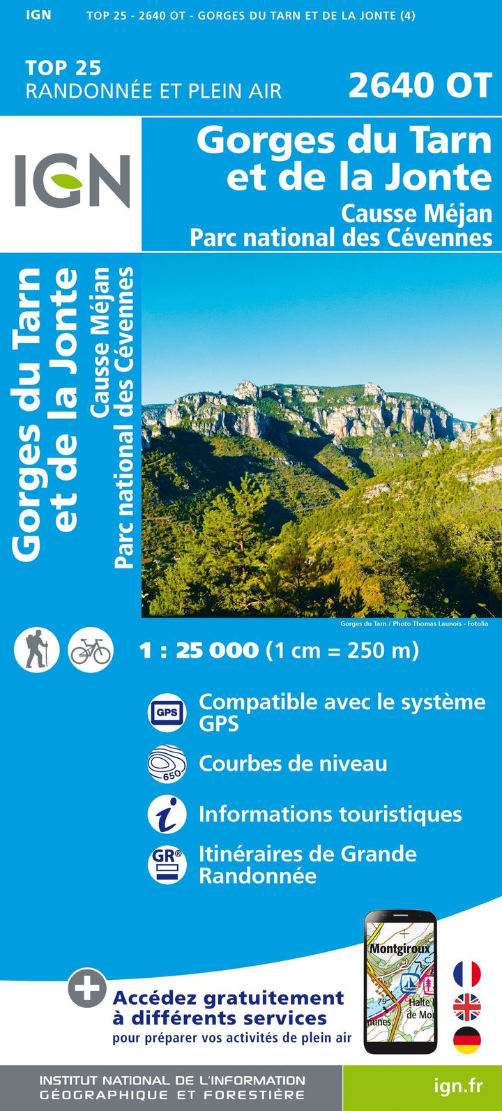 Carte TOP 25 n° 2640 OT - Gorges du Tarn et de la Jonte, Causse Méjan (PN des Cévennes) | IGN carte pliée IGN 