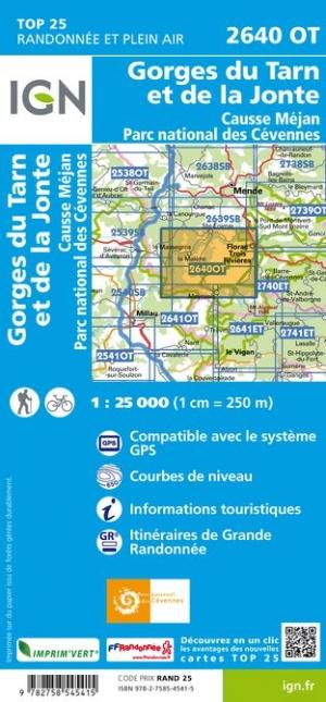 Carte TOP 25 n° 2640 OT - Gorges du Tarn et de la Jonte, Causse Méjan (PN des Cévennes) | IGN carte pliée IGN 
