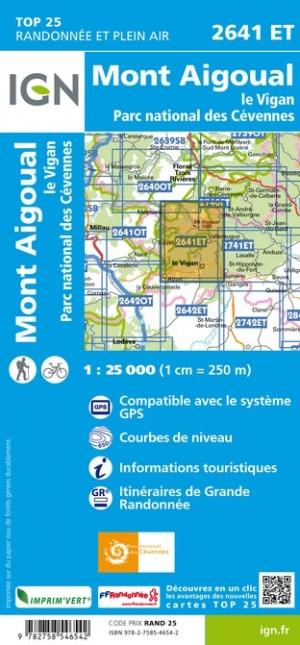 Carte TOP 25 n° 2641 ET - Mont Aigoual, Le Vigan, PNR des Cévennes | IGN carte pliée IGN 