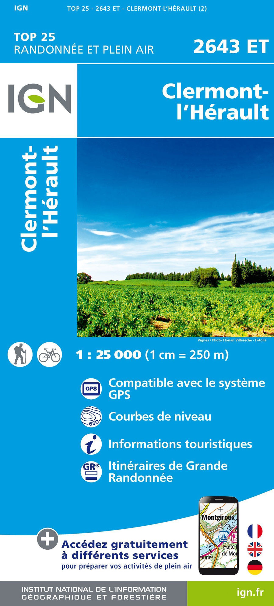 Carte TOP 25 n° 2643 ET - Clermont-L'Hérault | IGN carte pliée IGN 