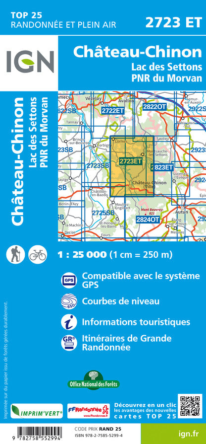 Carte TOP 25 n° 2723 ET - Château-Chinon, Lac des Settons et PNR du Morvan | IGN carte pliée IGN 