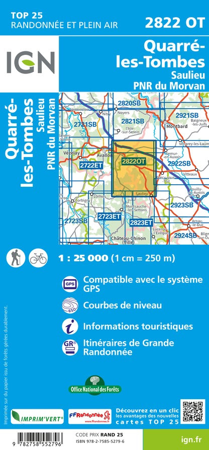 Carte TOP 25 n° 2822 OT - Quarré-Les-Tombes, Saulieu & PNR du Morvan | IGN carte pliée IGN 