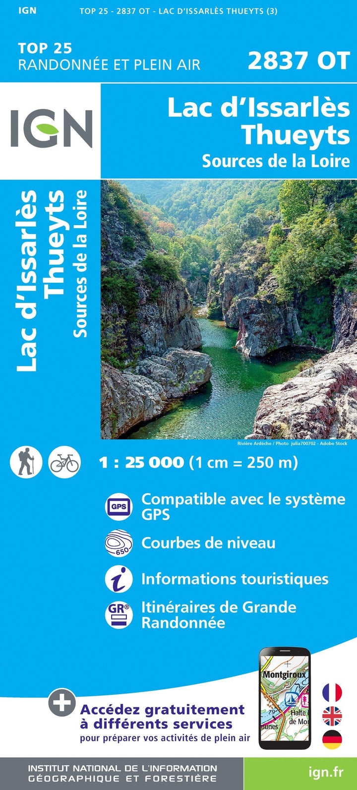 Carte TOP 25 n° 2837 OT - Lac d'Issarlès, Thueyts, Sources de la Loire | IGN carte pliée IGN 