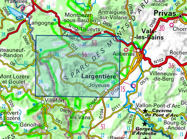 Carte TOP 25 n° 2838 OT - Largentière, La Bastide-Puylaurent, Vivarais Cévenol | IGN carte pliée IGN 