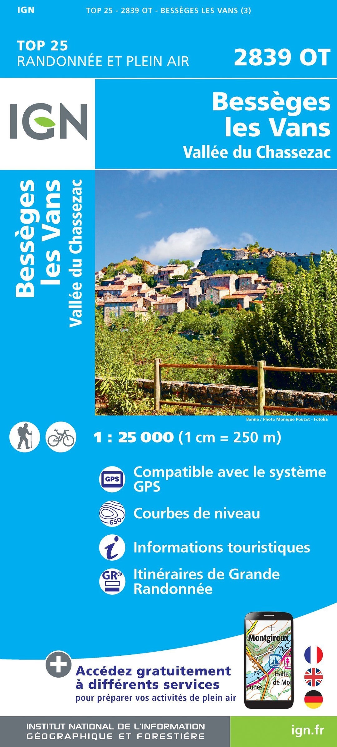 Carte TOP 25 n° 2839 OT - Bessèges, Les Vans, Vallée du Chassezac | IGN carte pliée IGN 