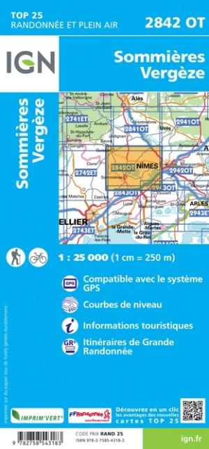 Carte TOP 25 n° 2842 OT - Sommières, Vergèze | IGN carte pliée IGN 