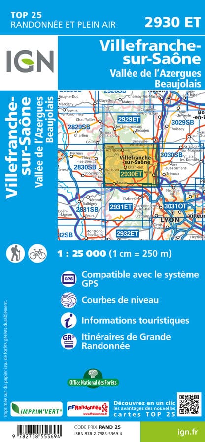 Carte TOP 25 n° 2930 ET - Villefranche-sur-Saône, Vallée de l'Azergues, Beaujolais | IGN carte pliée IGN 