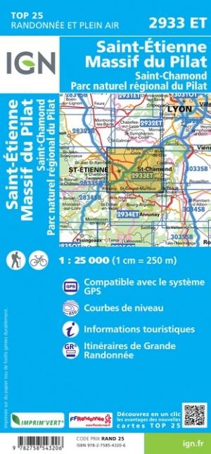 Carte TOP 25 n° 2933 ET - Massif du Pilat, St-Etienne, St-Chamond, PNR du Pilat | IGN carte pliée IGN 