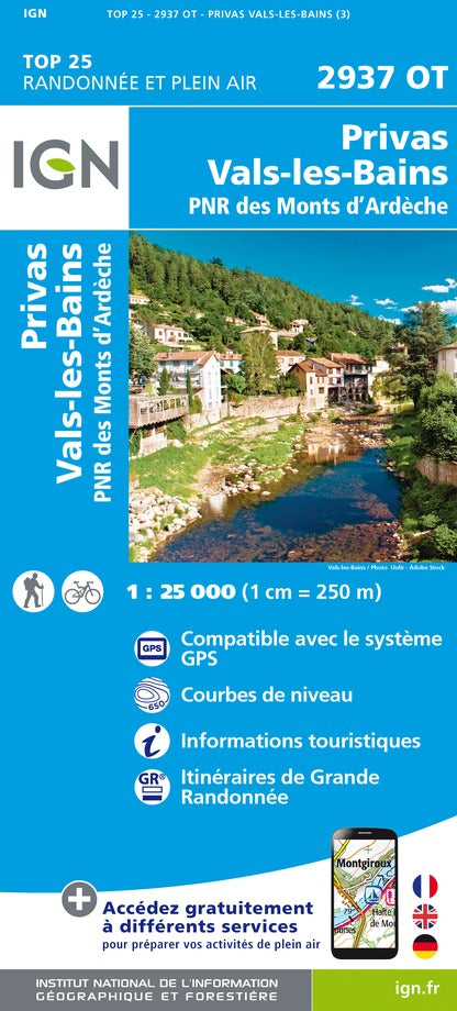 Carte TOP 25 n° 2937 OT - Privas, Vals-les-Bains, PNR des Monts d'Ardèche | IGN carte pliée IGN 