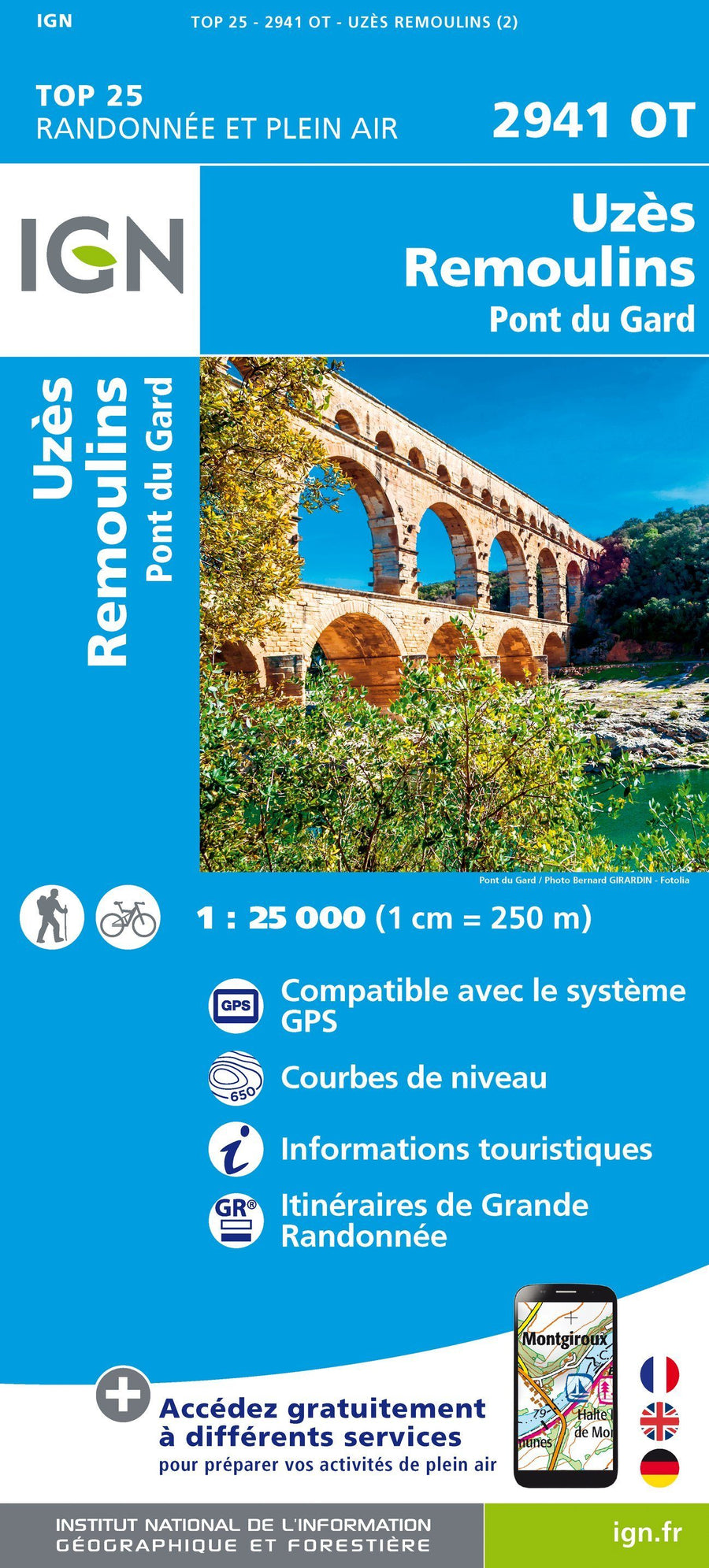 Carte TOP 25 n° 2941 OT - Uzès, Remoulins, Pont du Gard | IGN carte pliée IGN 