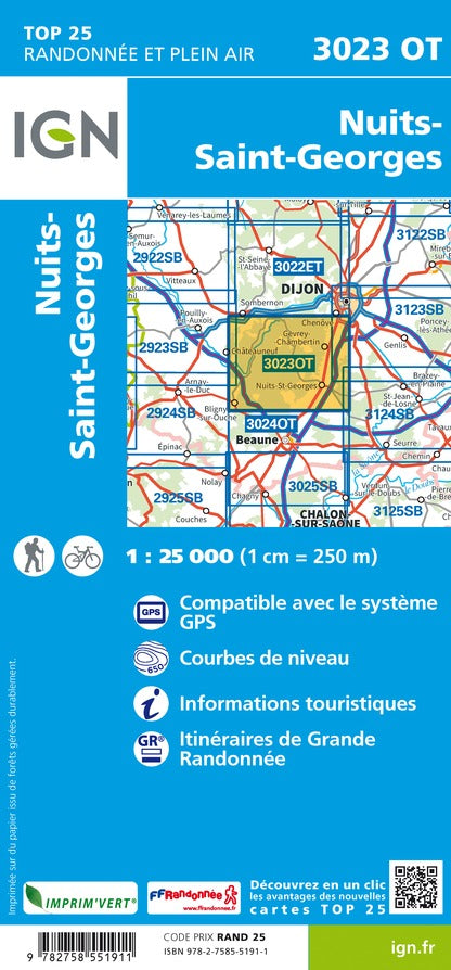 Carte TOP 25 n° 3023 OT - Nuits-Saint-Georges | IGN carte pliée IGN 