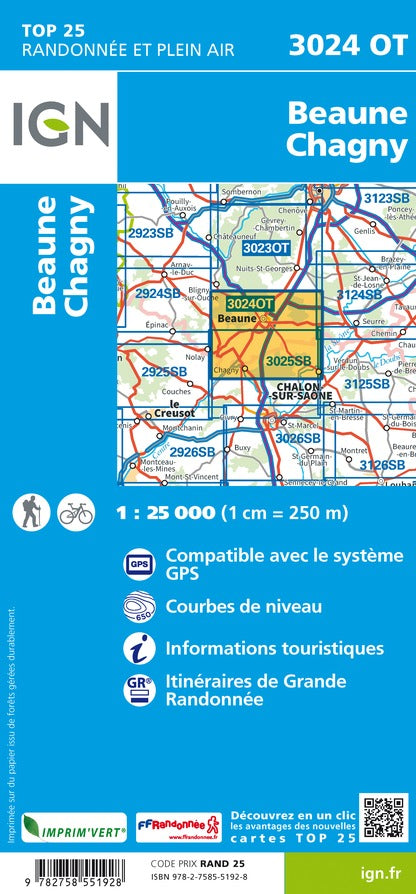 Carte TOP 25 n° 3024 OT - Beaune, Chagny | IGN carte pliée IGN 