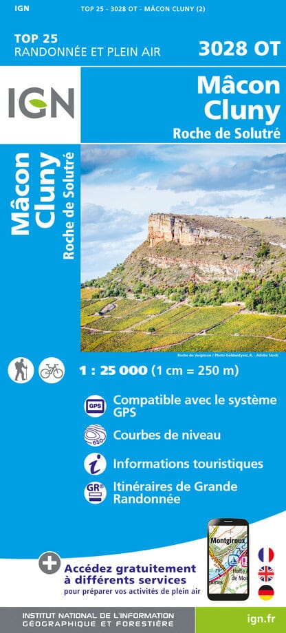 Carte TOP 25 n° 3028 OT - Mâcon, Cluny, Roche de Solutre | IGN carte pliée IGN 