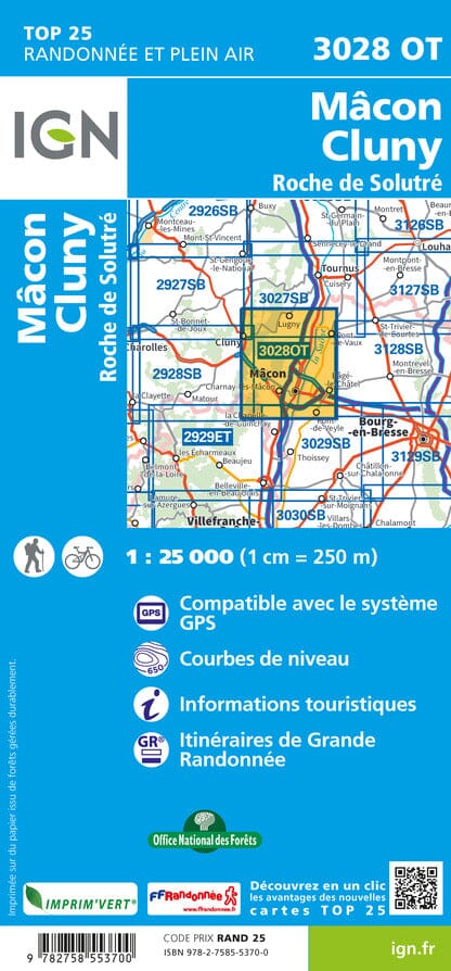 Carte TOP 25 n° 3028 OT - Mâcon, Cluny, Roche de Solutre | IGN carte pliée IGN 