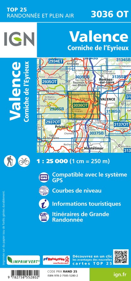 Carte TOP 25 n° 3036 OT - Valence, Corniche de l'Eyrieux | IGN carte pliée IGN 