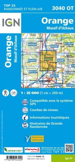 Carte TOP 25 n° 3040 OT- Orange, Massif d'Uchaux | IGN carte pliée IGN 