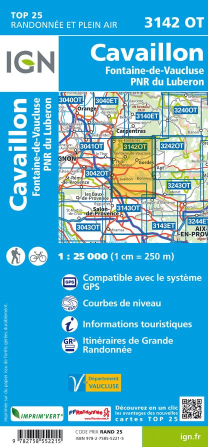 Carte TOP 25 n° 3142 OT - Cavaillon, Fontaine-de-Vaucluse (PNR du Lubéron) | IGN carte pliée IGN 