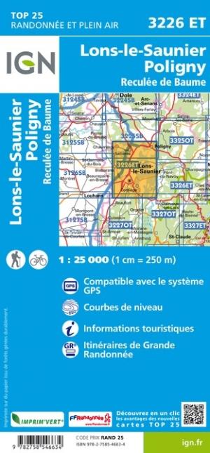 Carte TOP 25 n° 3226 ET - Lons-le-Saunier, Poligny, Reculée de Baume | IGN carte pliée IGN 