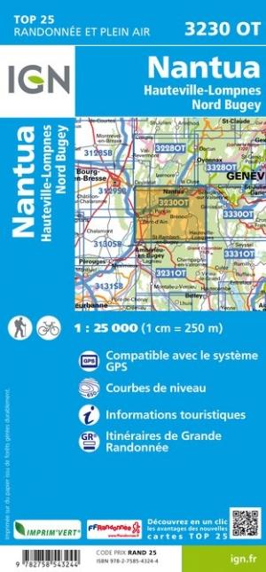 Carte TOP 25 n° 3230 OT - Nantua, Hauteville-Lompnes, Nord Bugey | IGN carte pliée IGN 