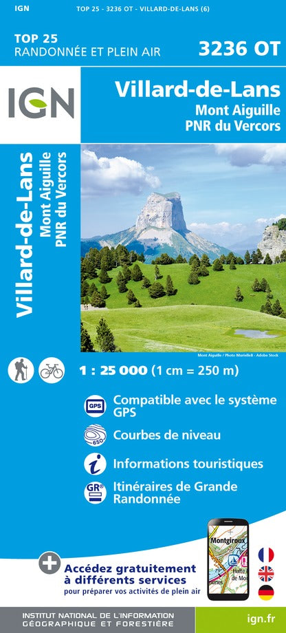 Carte TOP 25 n° 3236 OT - Villard-de-Lans & Mont Aiguille (PNR du Vercors, Alpes) | IGN carte pliée IGN 2022 